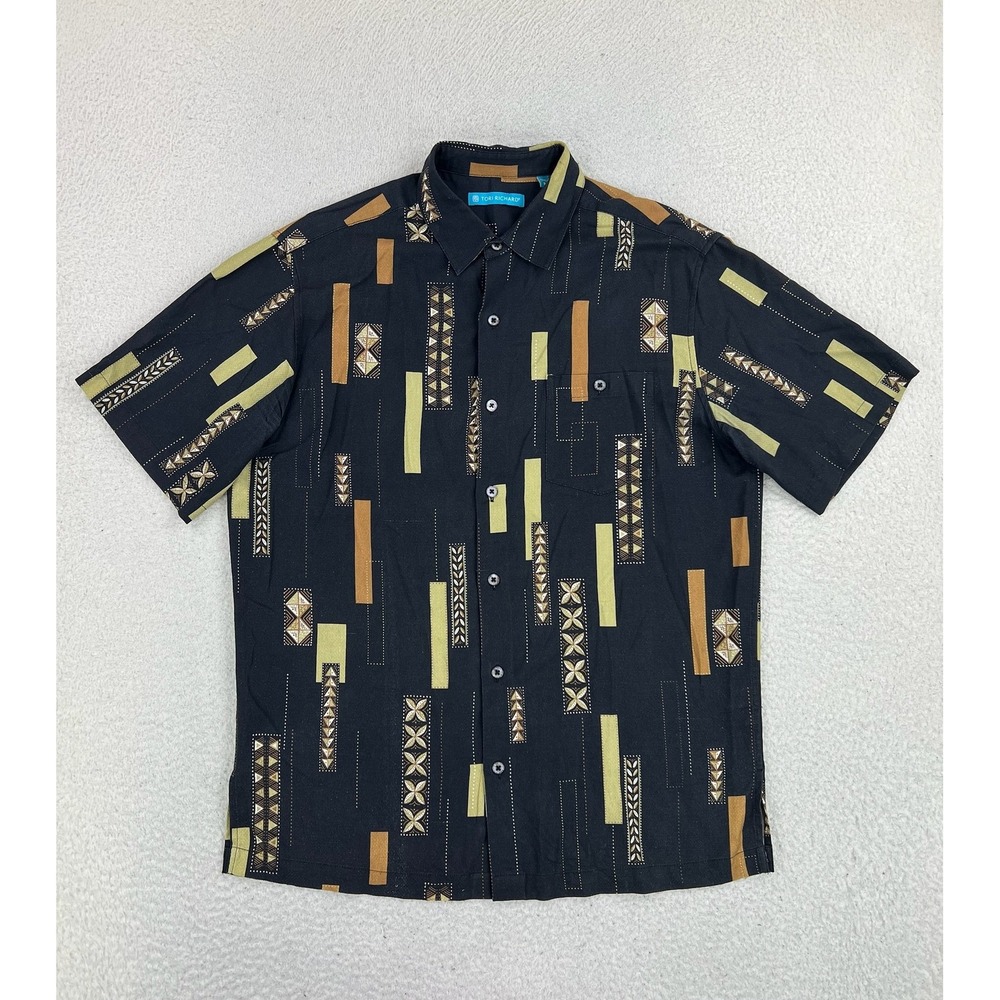 Tori Richard Shirt Mens Medium Black Geometric Short Sleeve Button Up Hawaiian